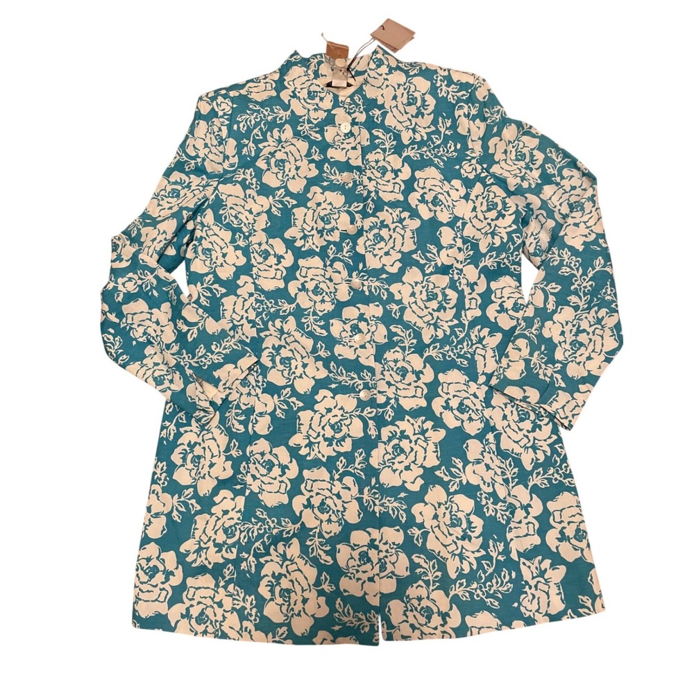 Jillian Jones Jacket NWT Size 16 Turquoise White Floral Linen Blend Mock Neck